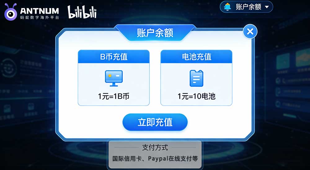 海外如何bilibili b币储值&电池充值比较划算/到账更快-ANTNUM
